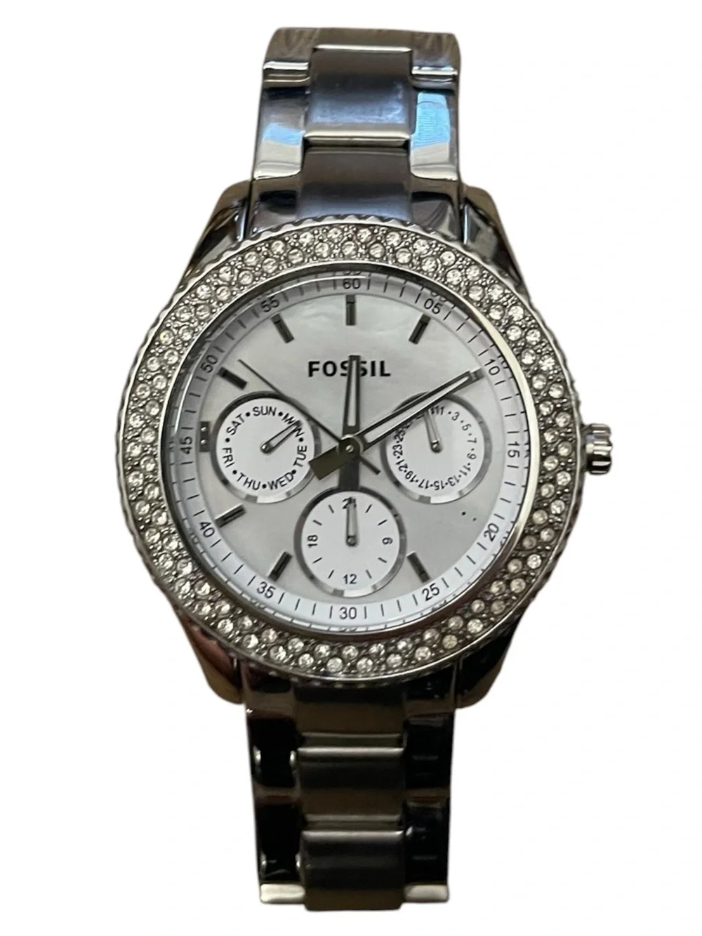 Fossil Stella ES2860 Silver Crystal Bezel Stainless Steel Watch